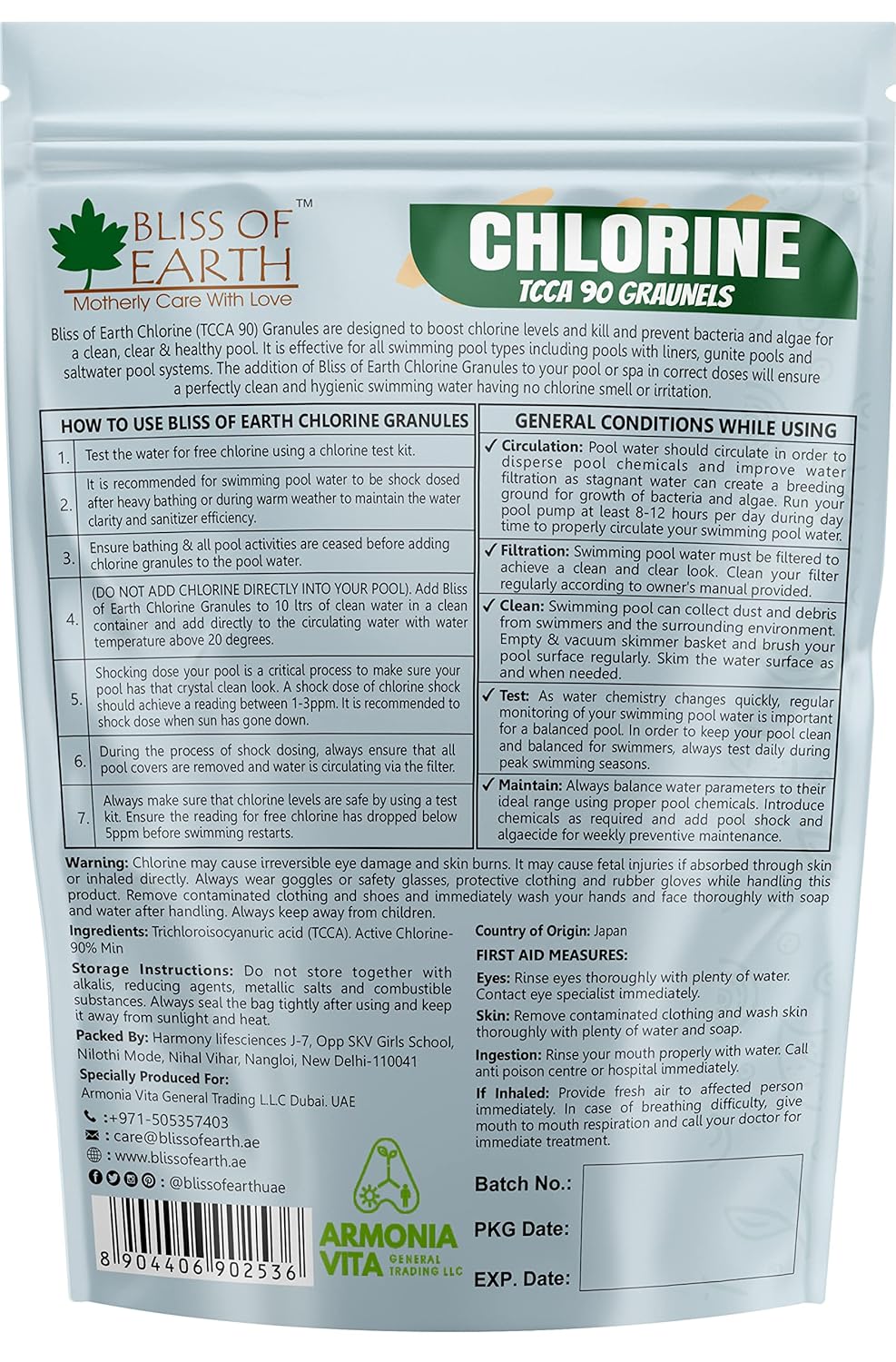 Bliss of Earth Japanese Chlorine Powder for Pool, Clean & Clear Swimming Pool, Kills Bacteria & Stops Algae, Pool Disinfectant Granular Chlorine, 907g