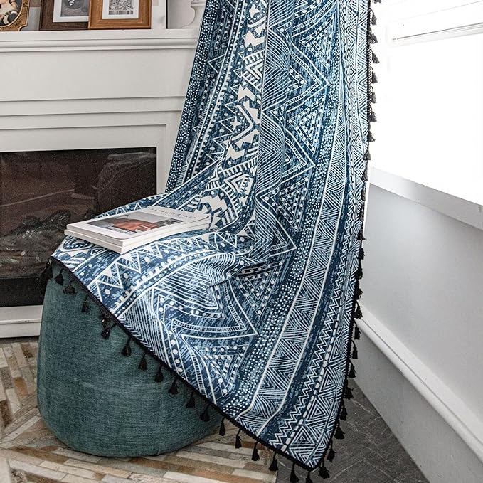 Huesland Cotton Curtains for Windows, 5 Feet Long 1 Bohemian Eyelet Curtain | Tribal Style Blue