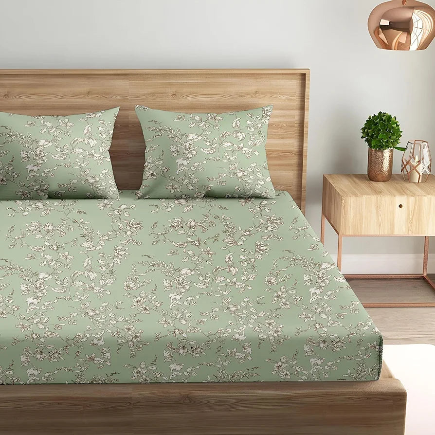 Trance Home Linen 100% Percale Cotton 210 TC Bedsheet Queen Size Printed Fitted Bedspread with 2 Pillow Covers Colour Grape Vine Green