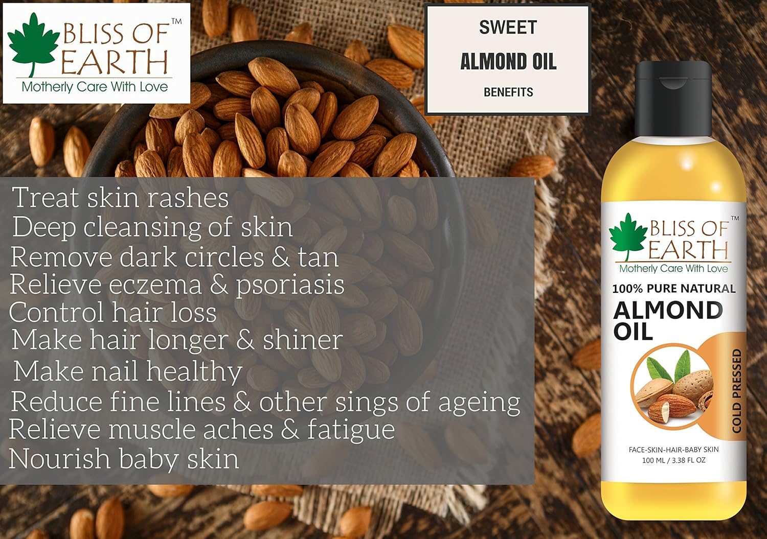 Bliss of Earthï¿½ 100% Pure & Natural Sweet Almond Oil (Coldpressed & Unrefined) Extracted From Whole Almond Kernels (100ML)