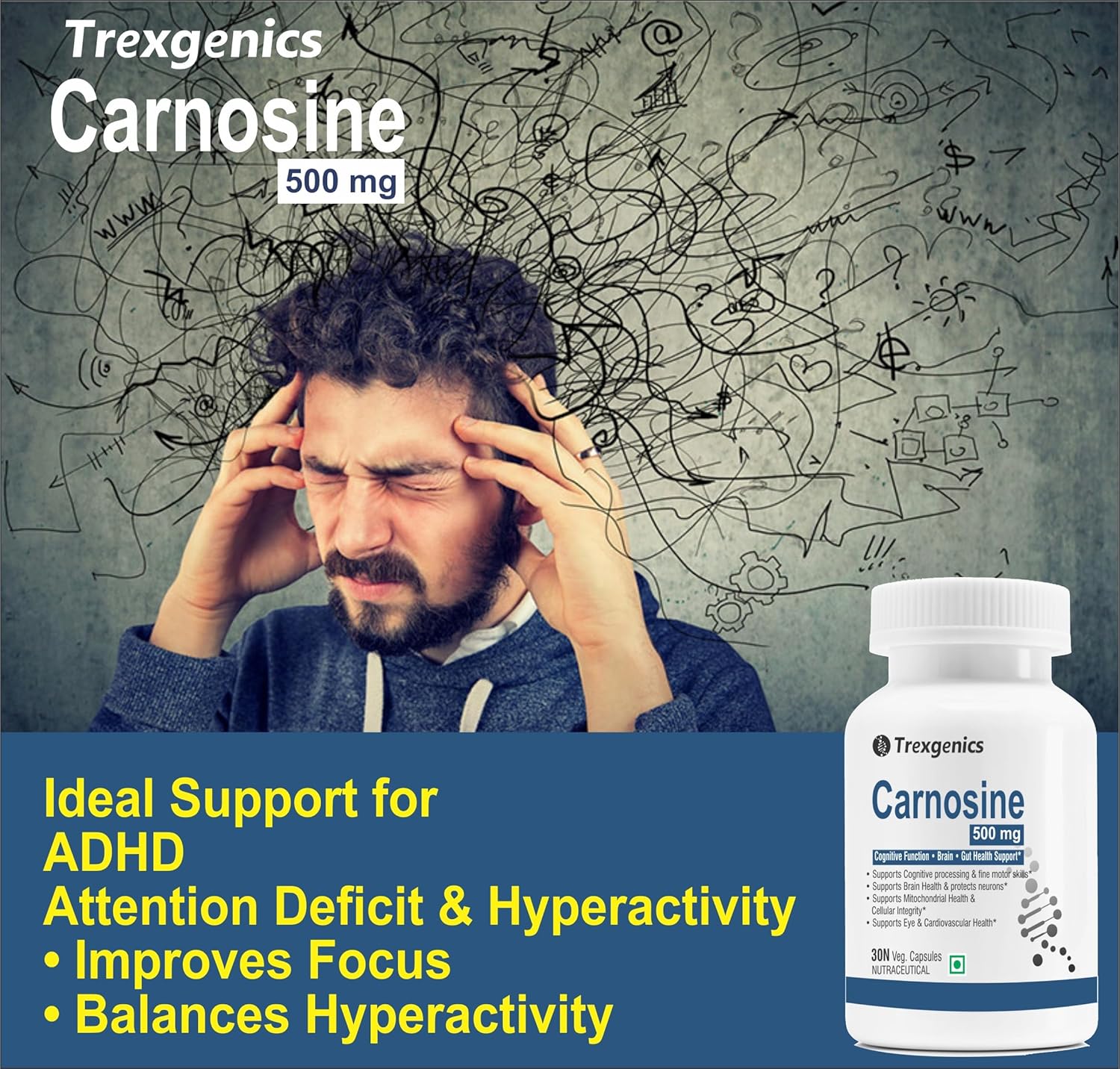 Trexgenics L-CARNOSINE 500 mg ADHD, ADD Care, Cognitive Function, Brain & Gut Health Support (30 Veg Capsules) (Pack of 1)