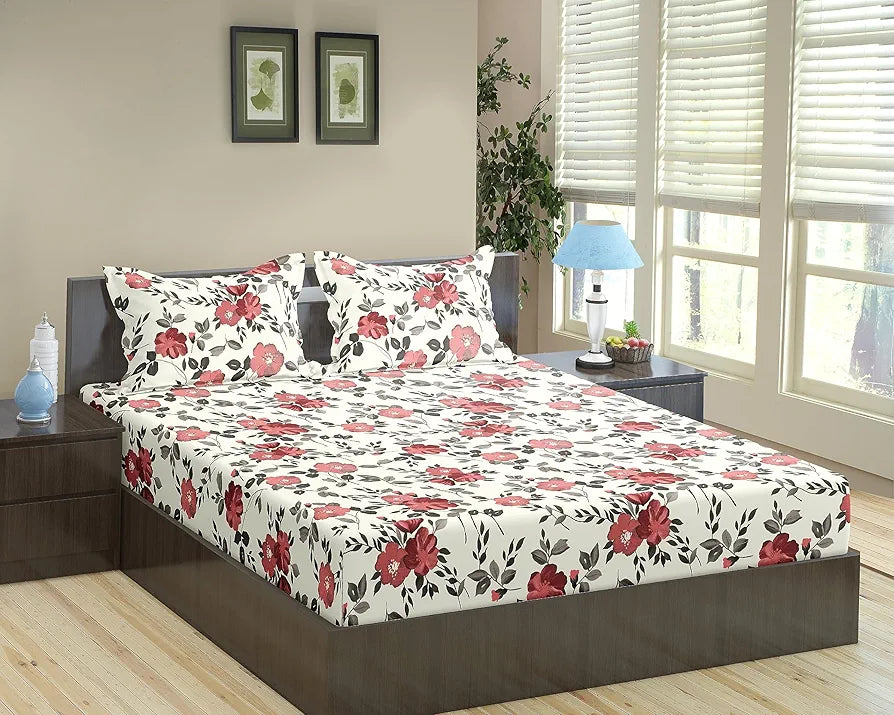 Trance Home Linen 180TC 100% Cotton 78"x72" Standard King Size Elastic Fitted Bedsheet Printed King Bed Size with 2 Pillow Covers Colour Blooms Coral