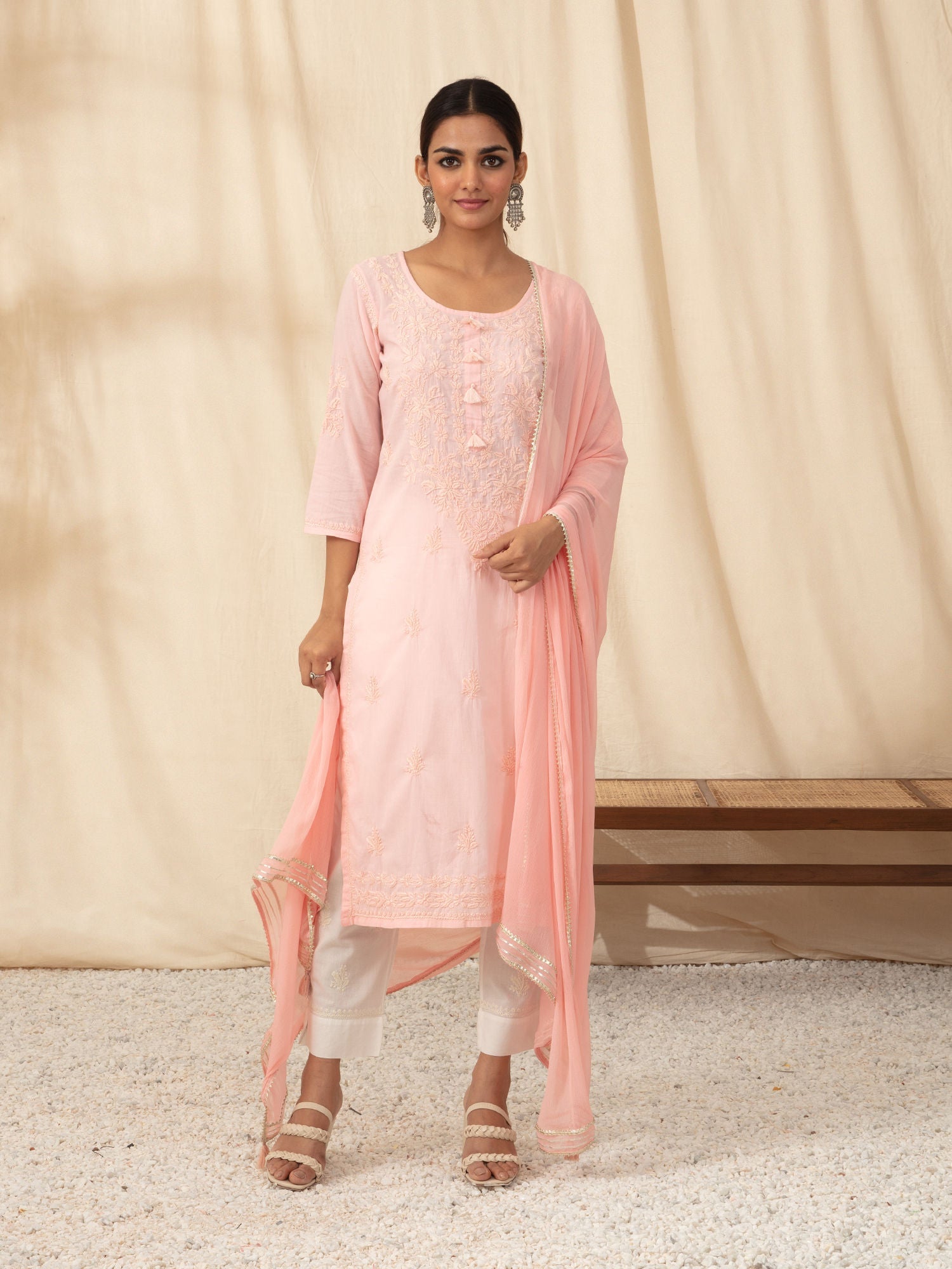 Likha Peach Chikankari Kurta Pant Dupatta(Set of 3) LIKSKD30 (Set of 3) - 2XL