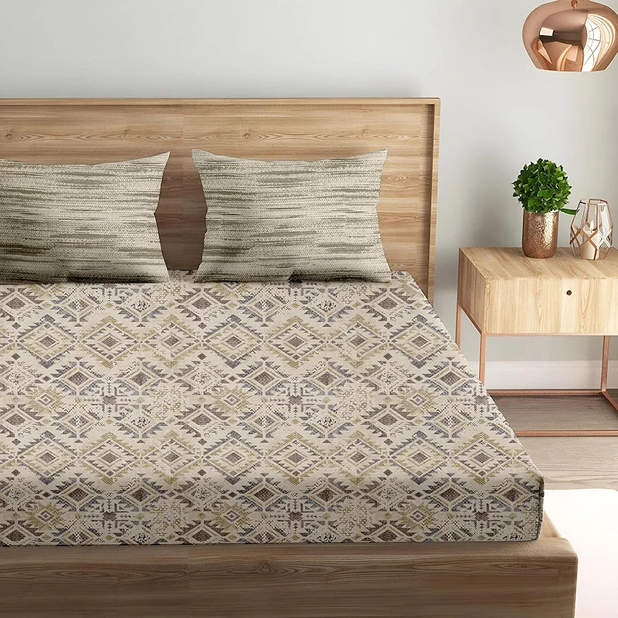 Trance Home Linen 100% Cotton 180 TC Bedsheet Printed Fitted Bedspread with 2 Pillow Covers Colour Silken Mosaic Taupe