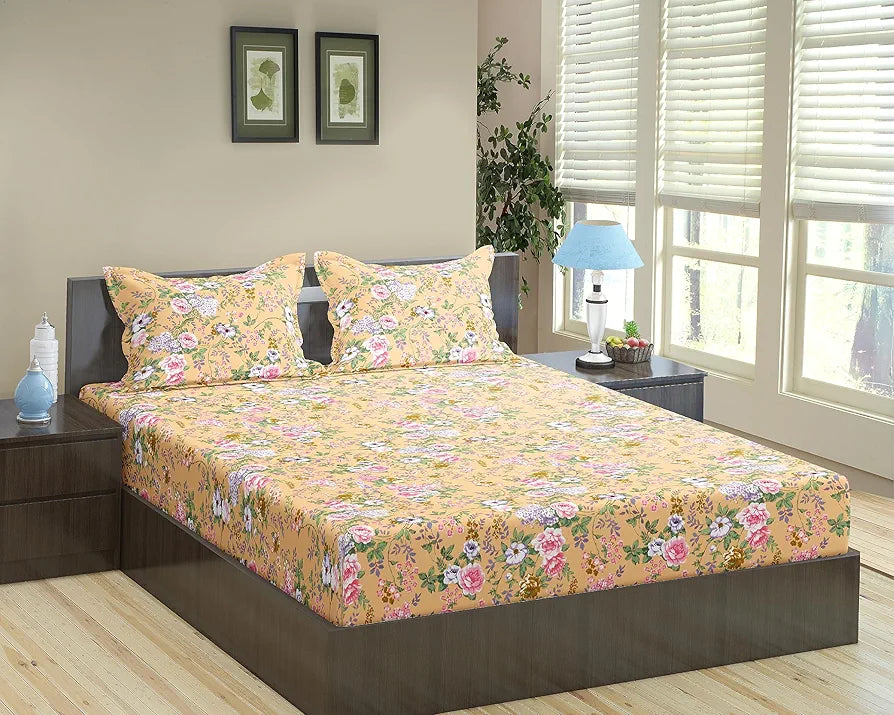 Trance Home Linen 100% Cotton 180 TC 78"X60" Standard Queen Size Elastic Fitted Bedsheet Printed Queen Bed Size With 2 Pillow Covers Colour Brown Vintage Woods