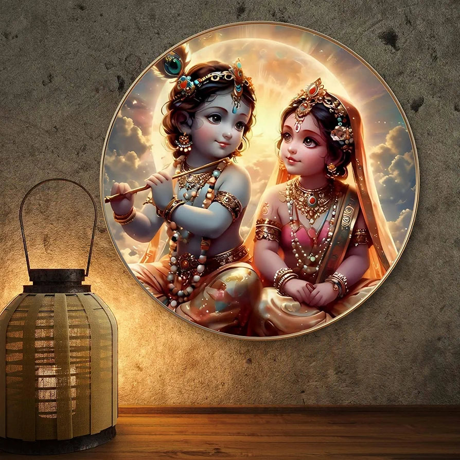 Livin'luxe Paintings Krishna and Radha Childhood Divine Love Wall Painting with Frame - Sparkle Glossy Round Golden Framed Large