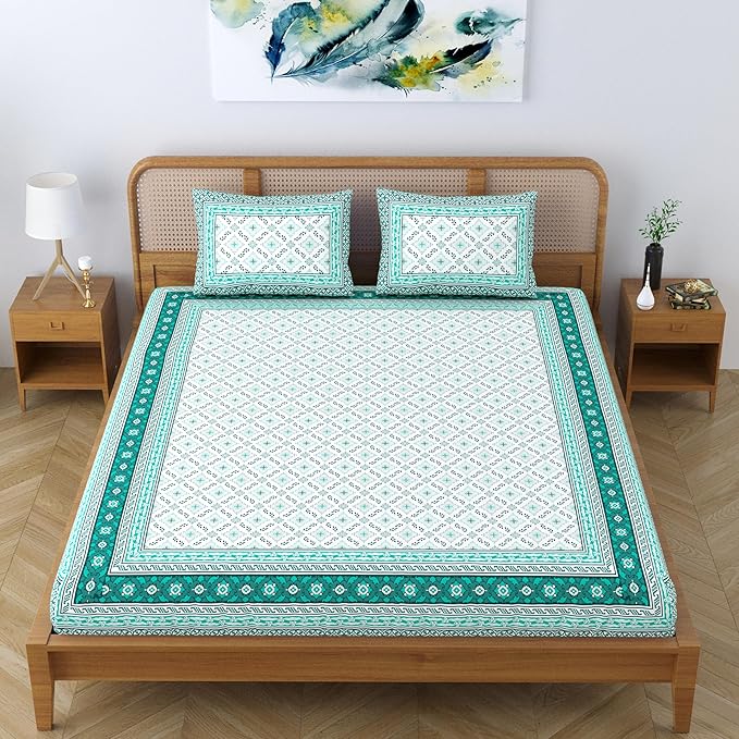 Colorish Cotton Blend Traditional Floral Jaipuri Block Printed Double Bedsheet King Size with 2 Pillow Covers | Turquoise Green