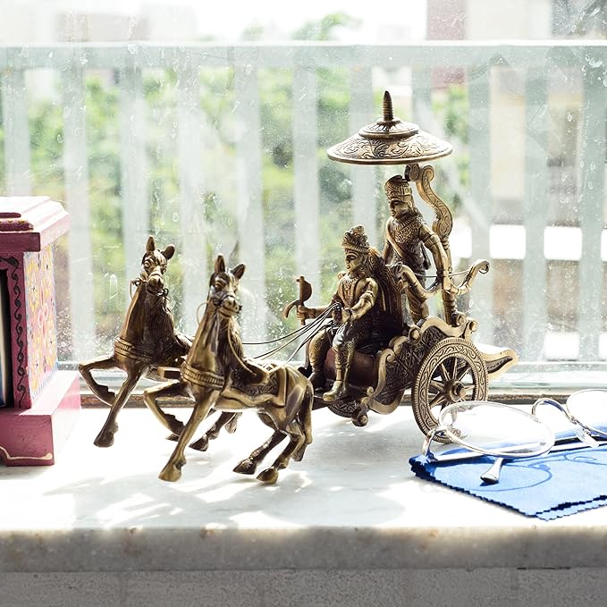 Ecraftindia Antique Krishna Arjuna Rath Brass Showpiece | Brown