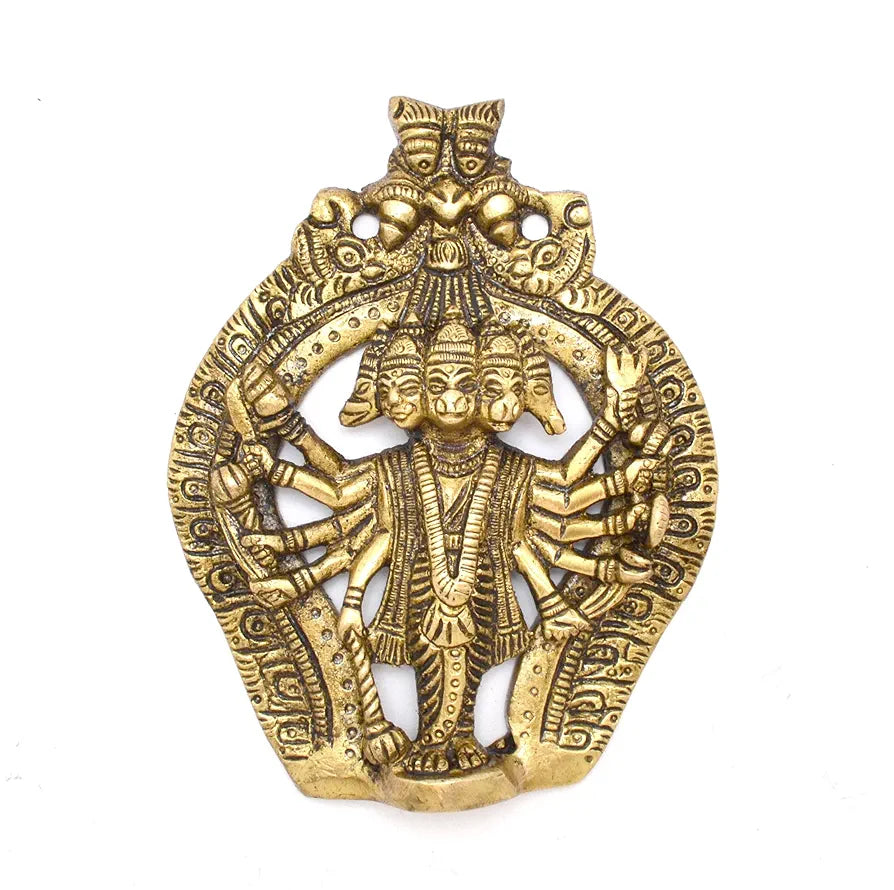 Two Moustaches Panchmukhi Hanuman Brass Wall Hanging Idol