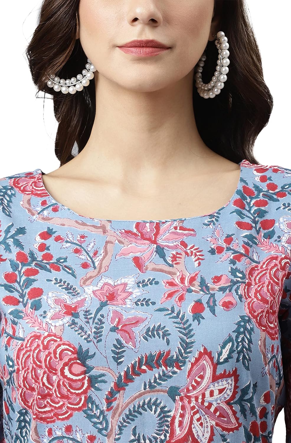 Janasya Women's Sky Blue Cotton Floral Print Flared Western Dress