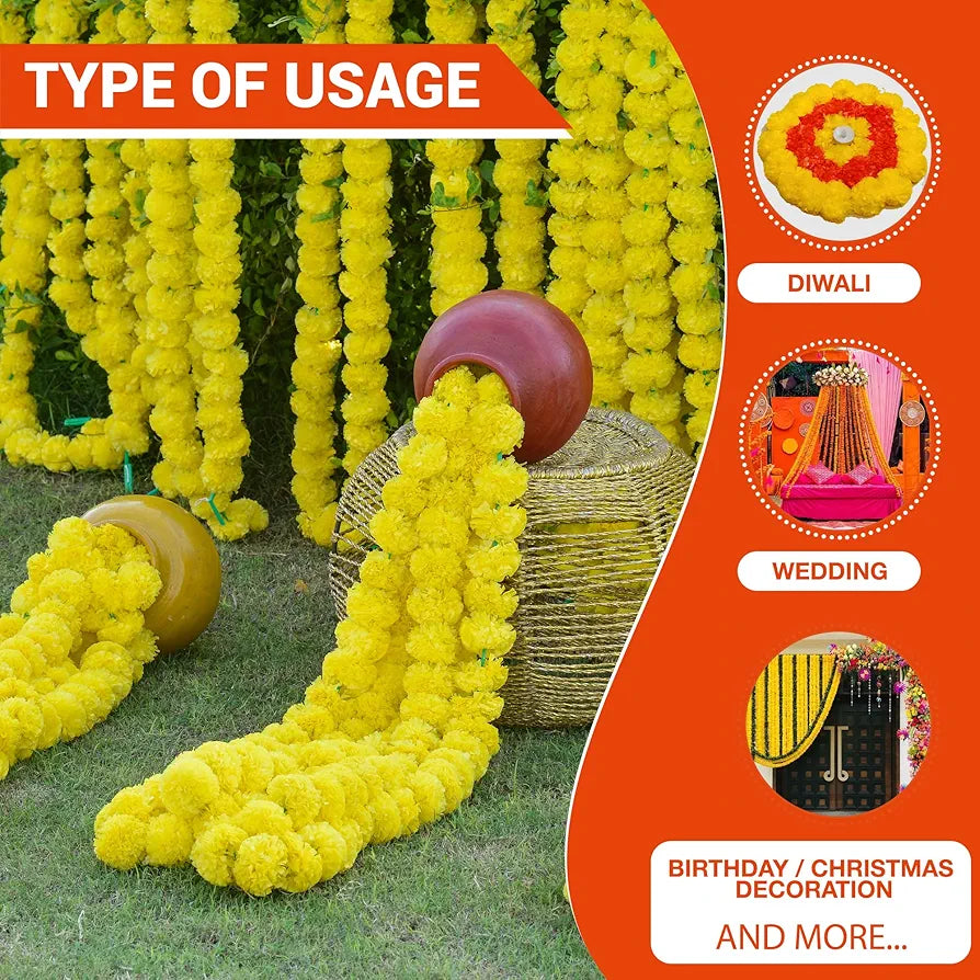 Marigold Artificial Flowers for Decoration Long Garland 5 Feet Long 5 Pcs Yellow