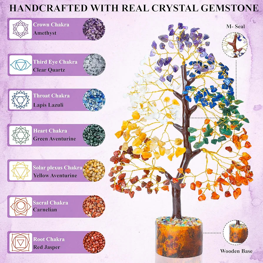 HindCraft Seven Chakra Crystal Tree Golden Wire 10-12 inch