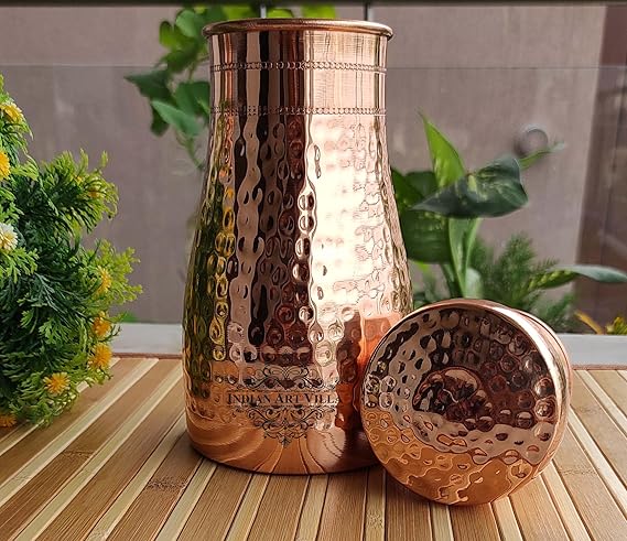 Indian Art Villa Pure Copper Bedroom Water Bottle With Inbuilt Glass Hammered Shine Design - 950 ml