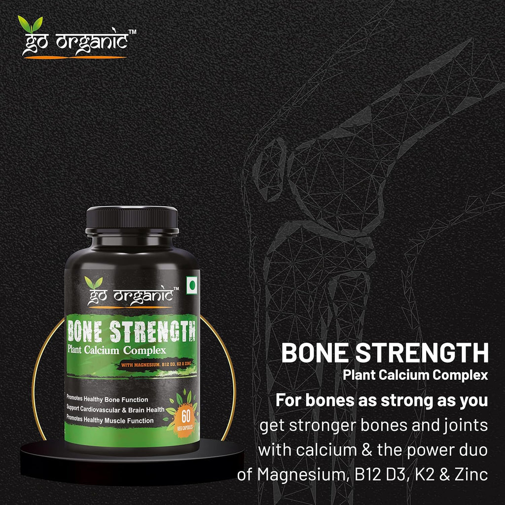 Go Organic Bone Strength - Plant-Based Calcium, Magnesium, Zinc, Vitamin D3, VIT B12, K2 - GMO, Soy, Gluten Free Ingredients - Whole Food Supplement for Bone Health - 60 Vegan Friendly Capsules