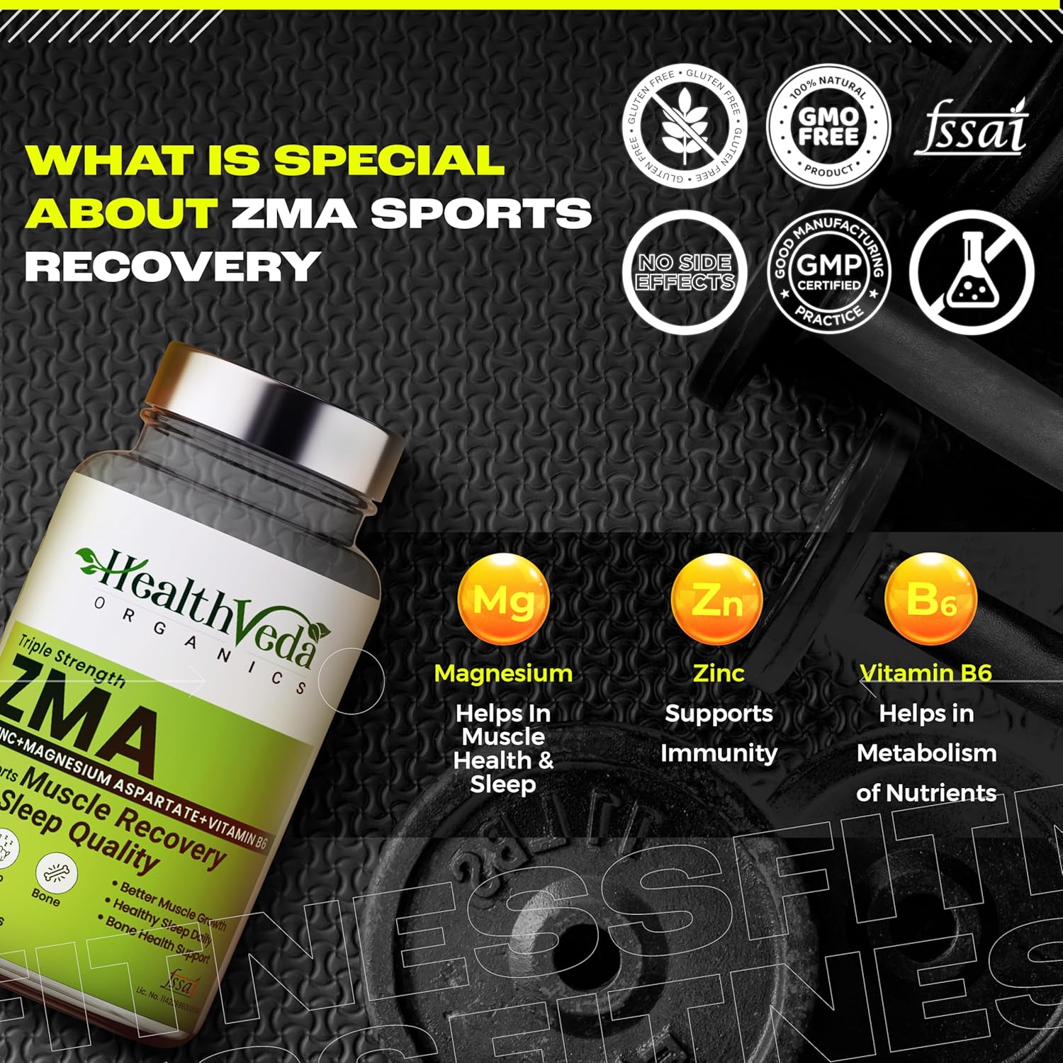HEALTH VEDA ORGANICS PRIVATE LIMITED Zma (Zinc, Magnesium Aspartate & Vitamin B6) | Nighttime Muscle Recovery Supplements For Improved Muscle Strength | For Both Men & Women | 60 Veg Tablets