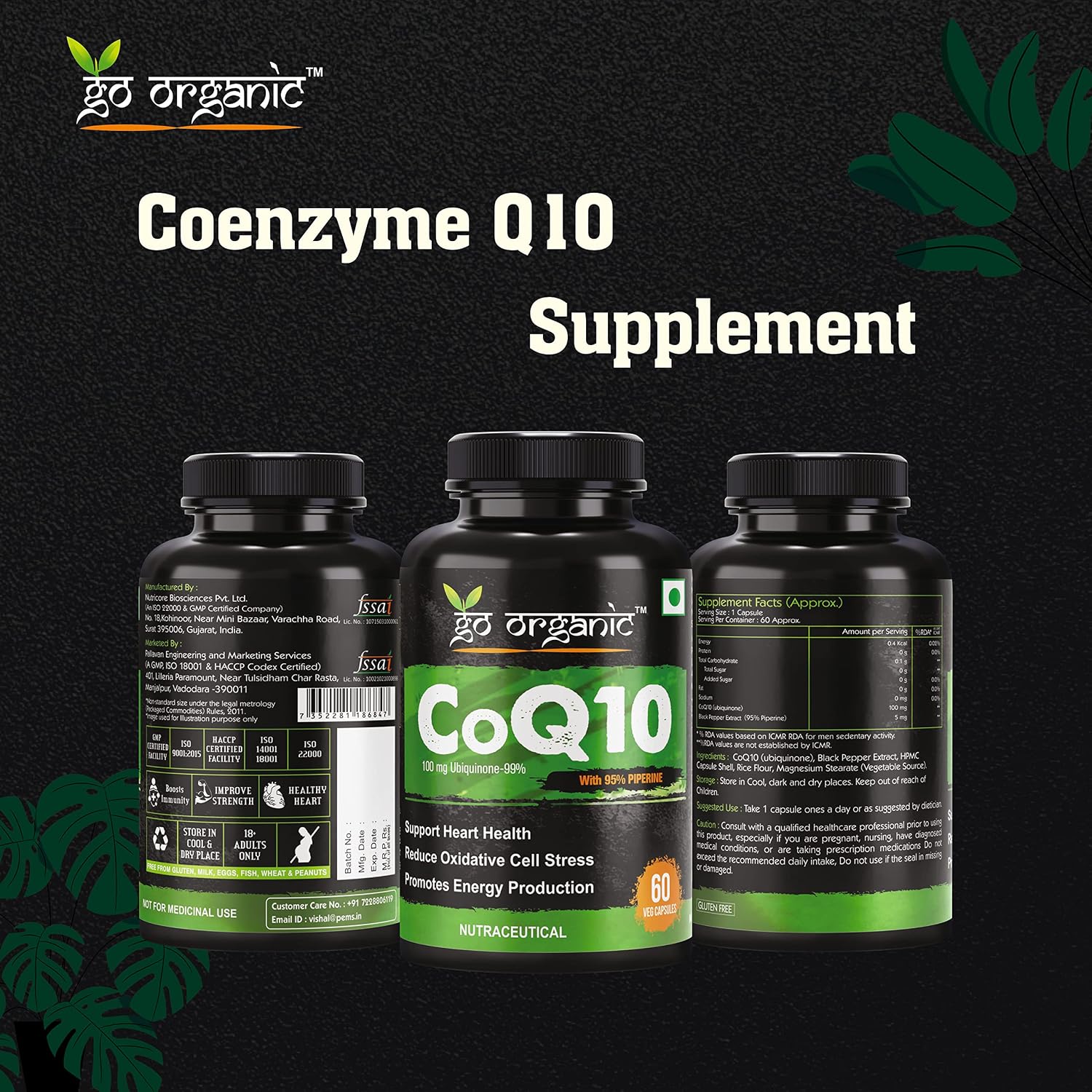 Go Organic Coenzyme Q10 100mg supplement with high absorption to improve BioPerine | 60 Capsule | Supplement for healthy heart and immunity 60 Count