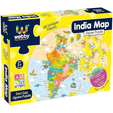Webby Amazing India Map Jigsaw Floor Puzzle 60 Pcs with 4 Double Sided Flashcards