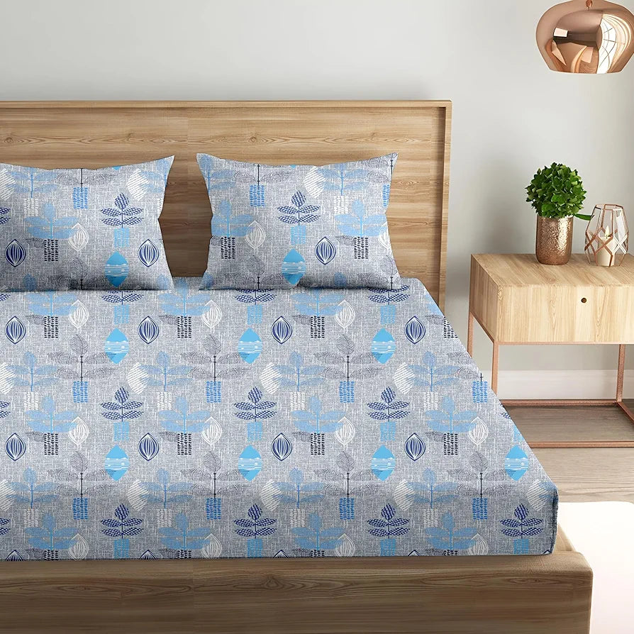 Trance Home Linen Pure 100% Cotton 144Tc Printed King Fitted Bedsheet with 2 Pillow Covers 144 tc Textured Leaves Colour Blue