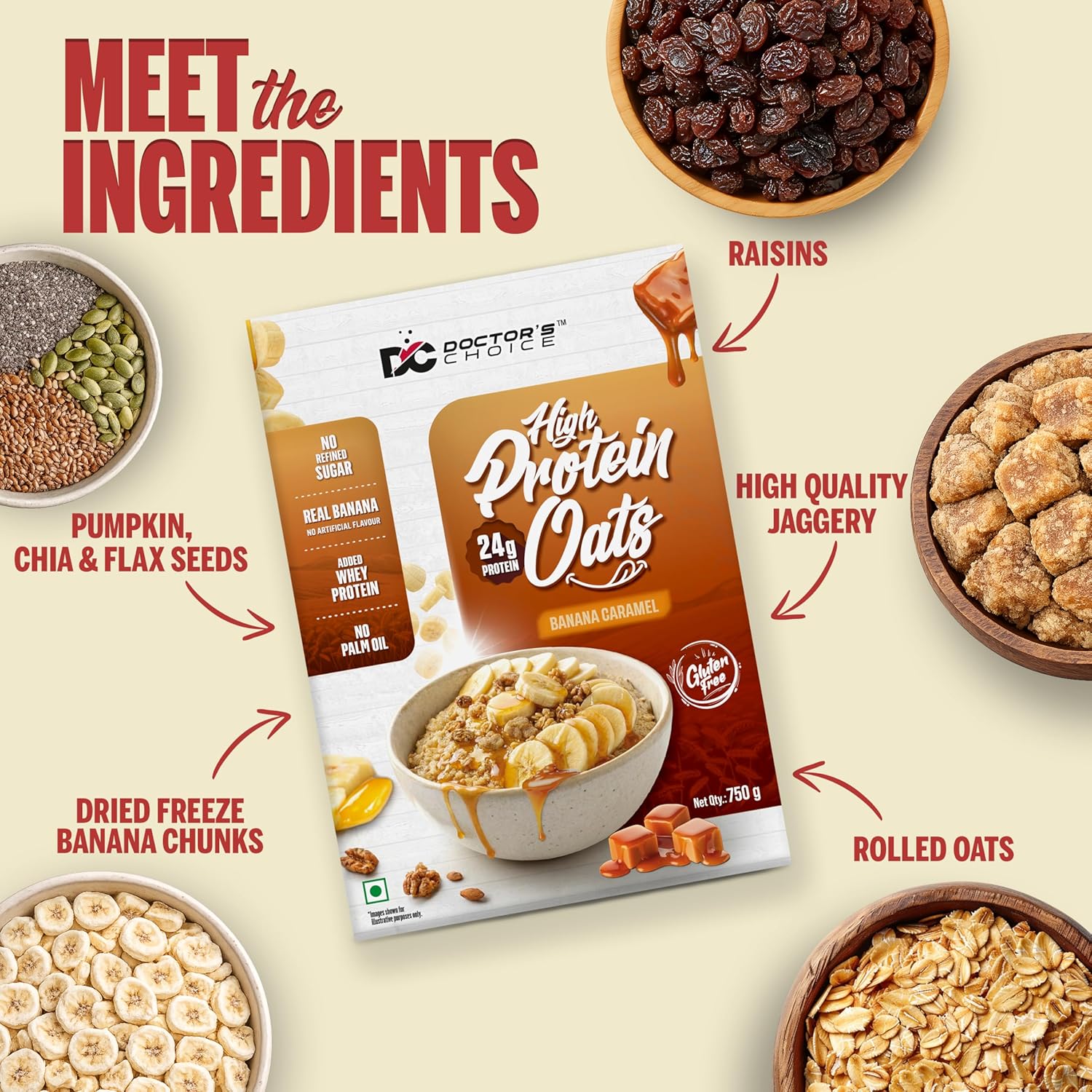 DC DOCTORS CHOICE High Protein Oats Banana Caramel Flavour 750g | 24g Protein | Made with Real Bananas | No Refined Sugar | Healthy Instant Oatmeal Breakfast | High Fiber Oats Box