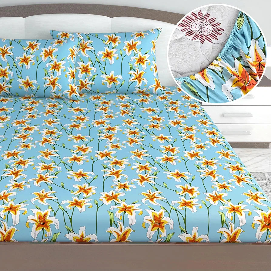 Divine Casa Floret 100% Cotton King Fitted Bedsheet 144 TC Deep Pocket Design Soft & Breathable Fabric Colour Wildflower Charm