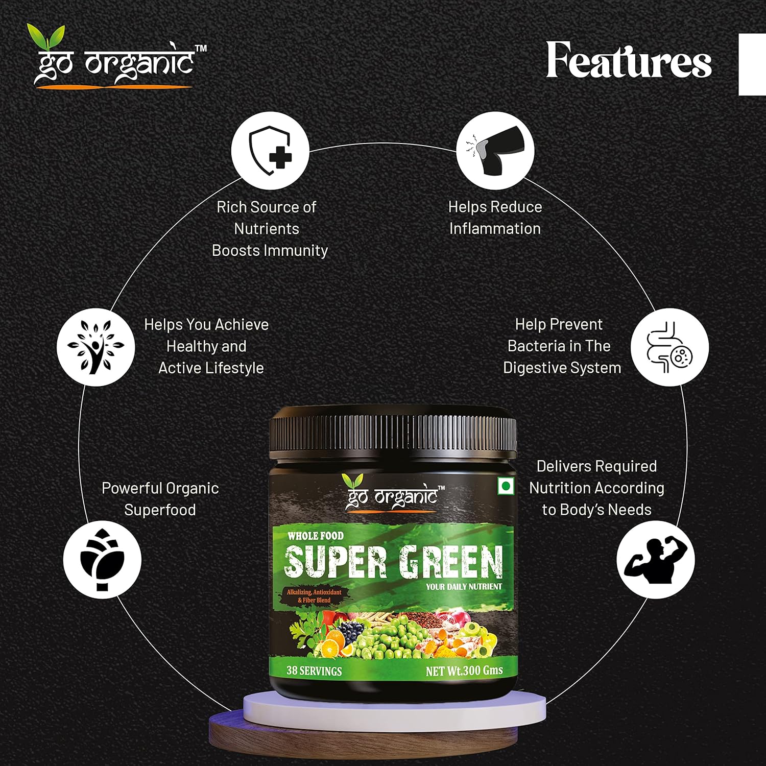 Go Organic Super Greens Powder (300g) | Organic Superfoods with Spirulina & Chlorella | Gluten-Free, Plant-Based Nutrition Drink for Immunity & Energy (Pack of 1)