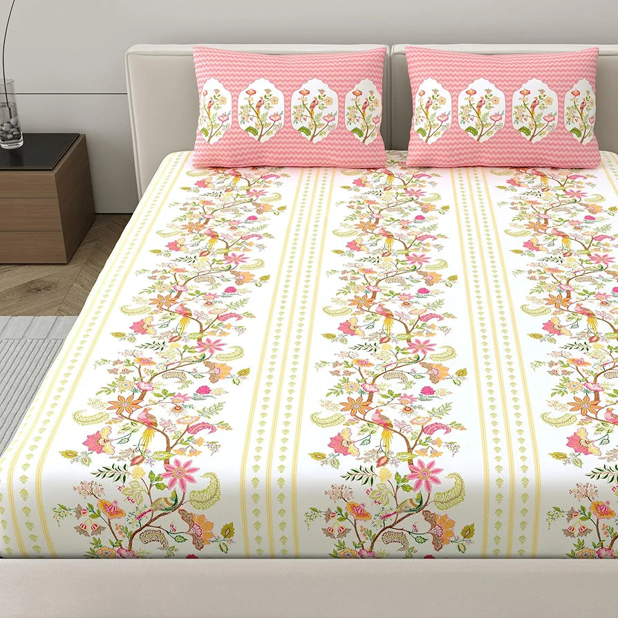 Dreamscape Cotton King Fitted Floral Bedsheet With 2 Pillow Covers Rose Pink