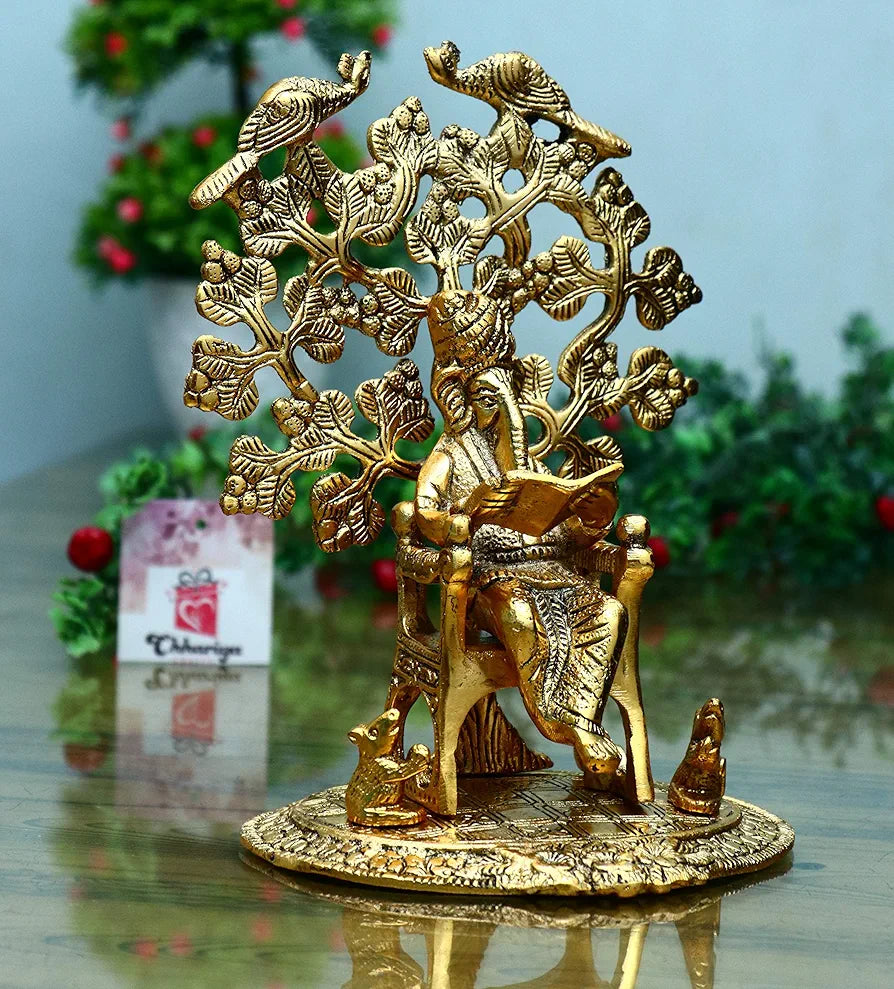 Chhariya Crafts Metal Ganesh Reading Ramayana Statue Ganesh Ganpati Sitting on Chair Idol