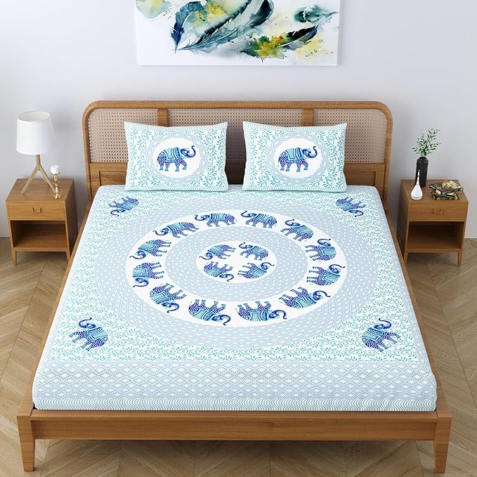 Colorish Jaipuri Traditional Elephant Printed Cotton Blend Bed Sheet With 2 Pillow Covers | Spectral Blue