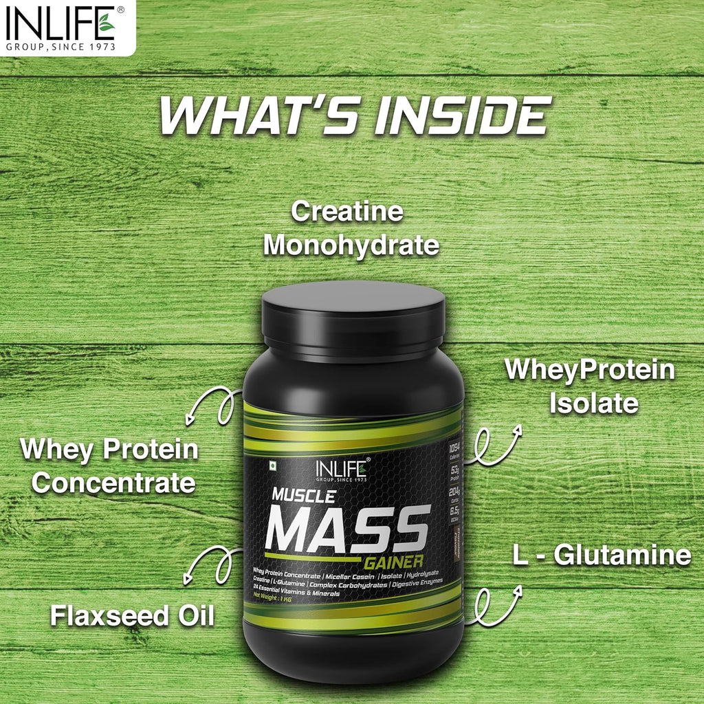 INLIFE Muscle Mass Gainer With Whey Protein Powder Body Building Supplement (Chocolate 1kg)