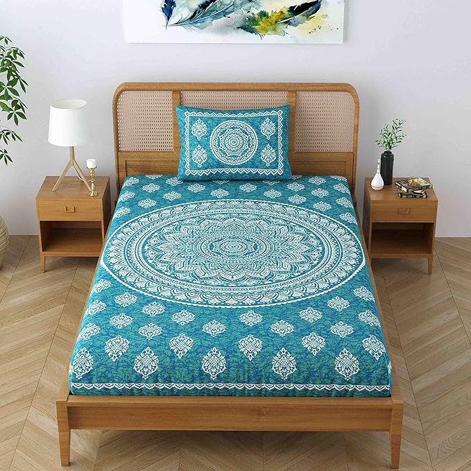 Colorish 120 Tc Cotton Blend Mandala Printed Jaipuri Bedsheet for Single Bed With 1 Pillow Cover | Sea Green