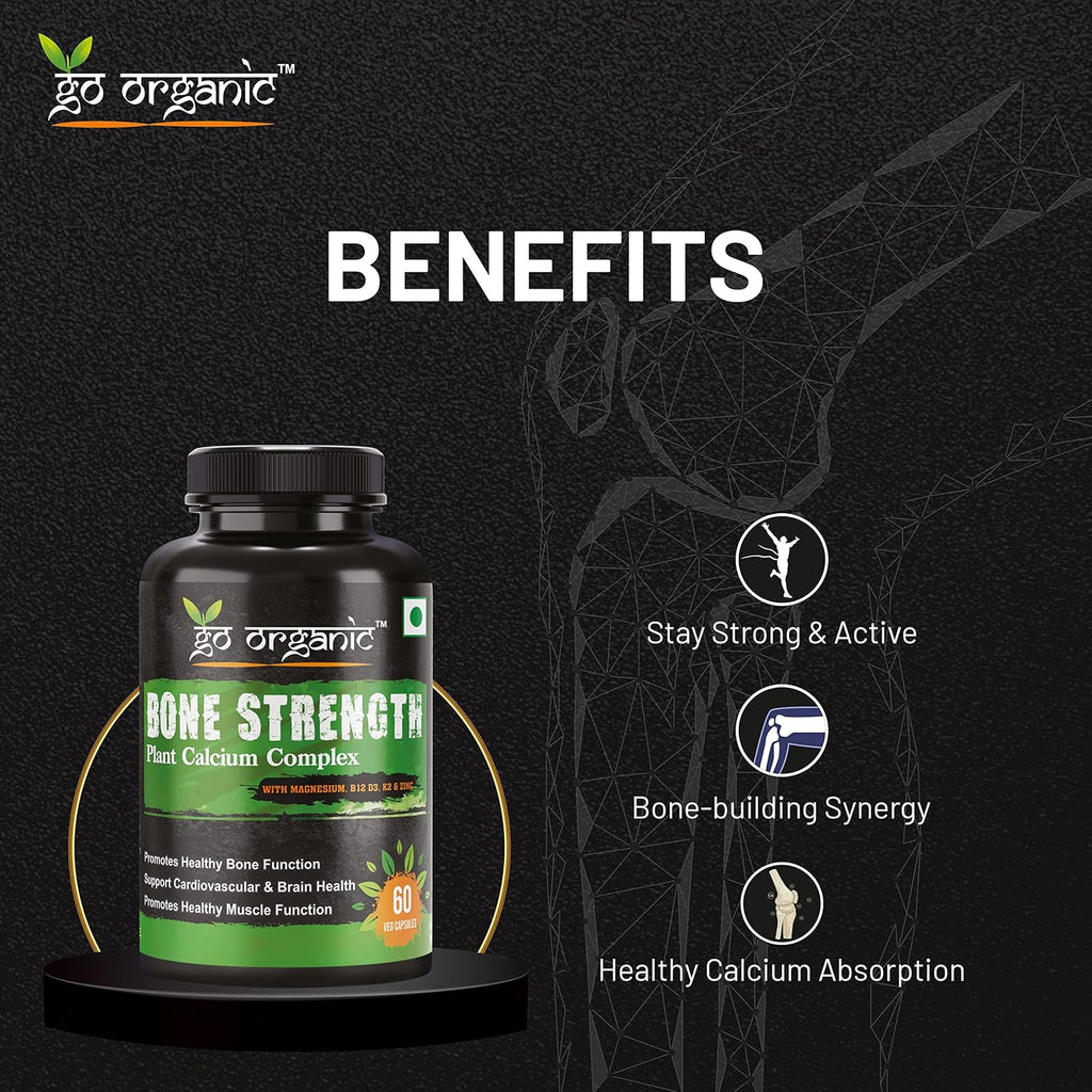 Go Organic Bone Strength - Plant-Based Calcium, Magnesium, Zinc, Vitamin D3, VIT B12, K2 - GMO, Soy, Gluten Free Ingredients - Whole Food Supplement for Bone Health - 60 Vegan Friendly Capsules