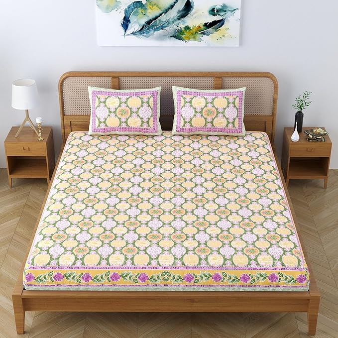 Colorish Cotton Blend Floral Printed Jaipuri King Size Double Bedsheet Set with 2 Pillow Covers | Misty Rose