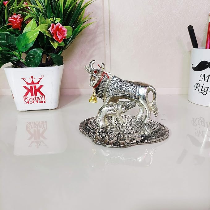 KridayKraft Silver Color Kamdhenu Cow with calf Standing Metal Statue Gau Mata Murti idol