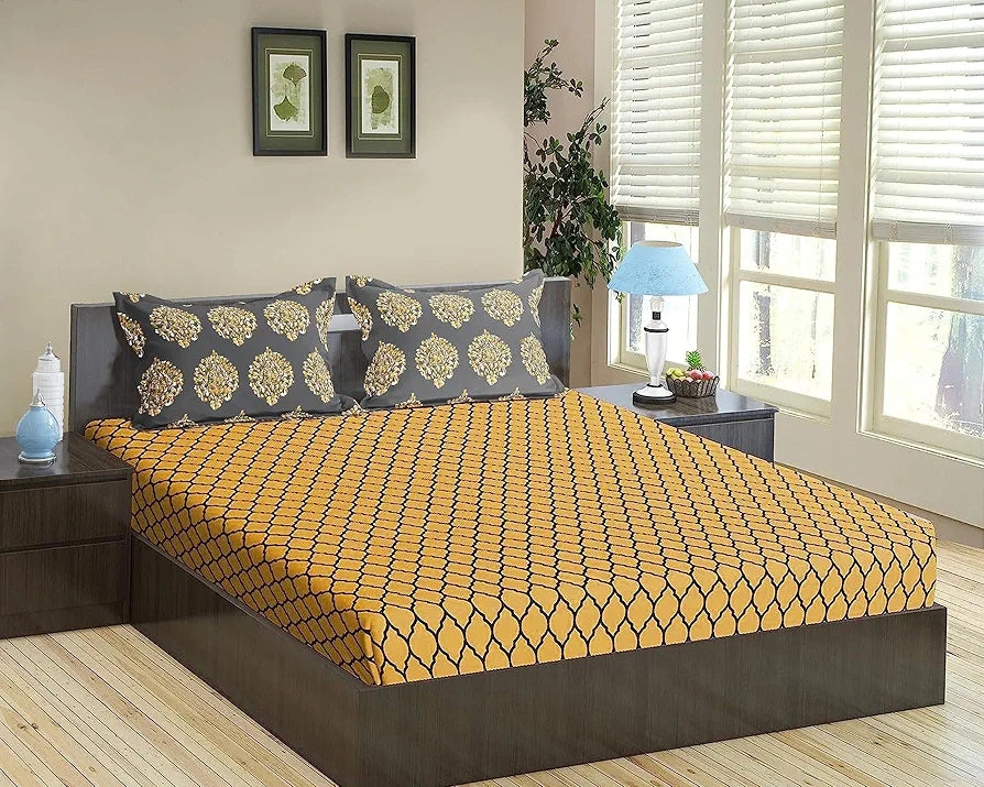 Trance Home Linen 200TC 100% Cotton 78"X60" Standard Queen Size Elastic Fitted Bedsheet Printed Queen Bed Size with 2 Pillow Covers Queen Colour Dori&Damask-Warm Grey Mustard