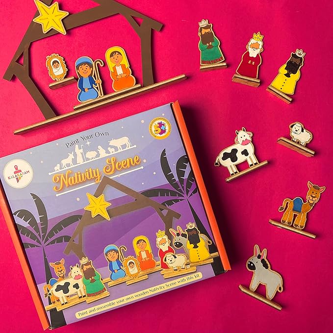 Kalakaram Diy Wooden Nativity Scene Painting Kit, Paint & Assemble Wooden Nativity Scene at Home, Christmas Theme Craft Kit | Activity Kit for Kids