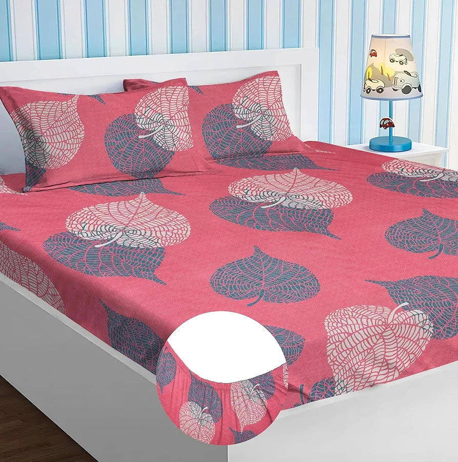 Homekart Premium Cotton Elastic Fitted Bedsheets with 2 King Size Pillow Covers Double Bed Floral Pattren Pink and Grey 200 tc - 220 tc