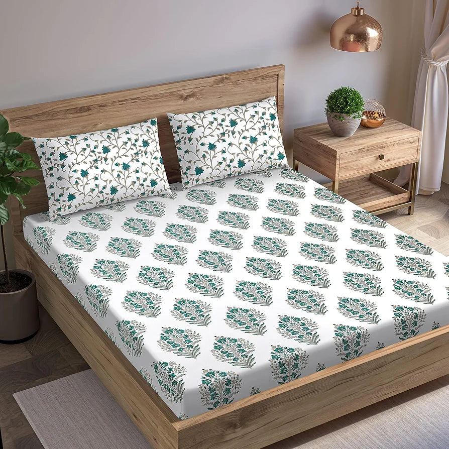 Trance Home Linen 180tc 100% Cotton 78"x72" Standard King Size Elastic Fitted Bedsheet Printed King Bed Size with 2 Pillow Covers Colour Madhuban Green