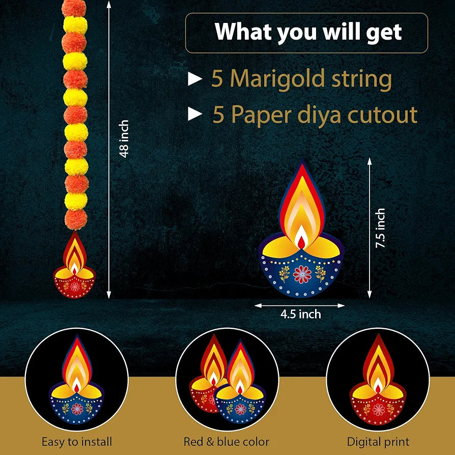 Marigold Artificial Flowers for Decoration Long Garland 5 Pcs with Diya-Cutout
