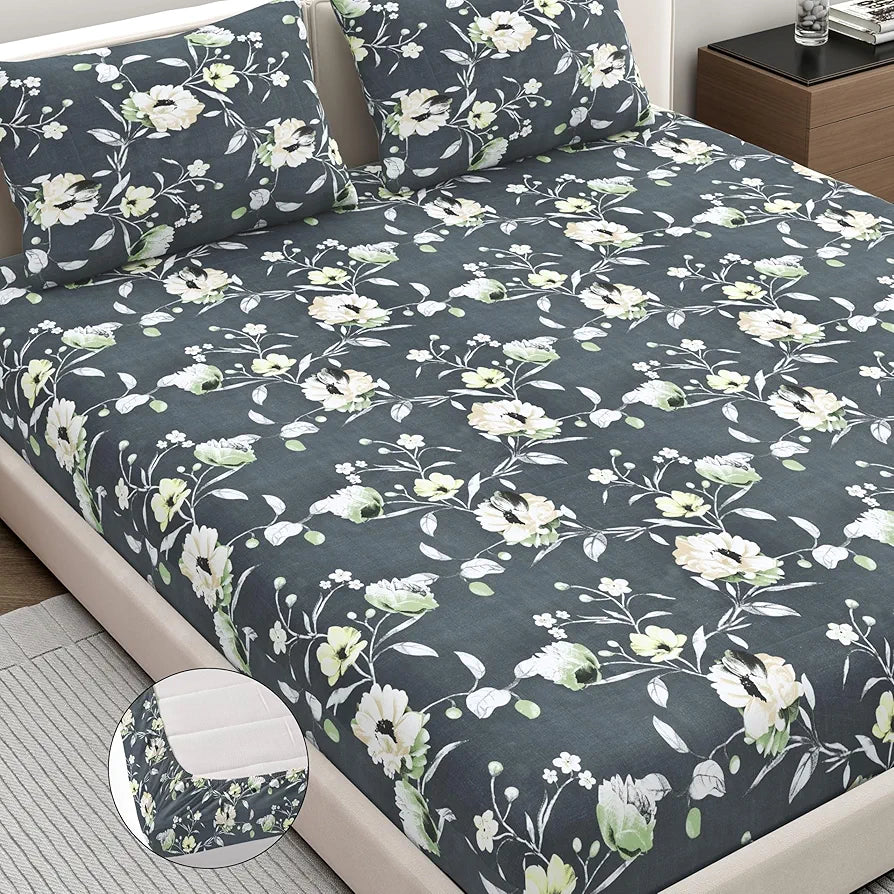 Dreamscape Microfibre Wrinkle & Fade Resistant Fitted Bedsheet for King Bed 140TC 1 Fitted Bed Sheet  with 2 Pillow Covers Dk. Grey Anchor Color