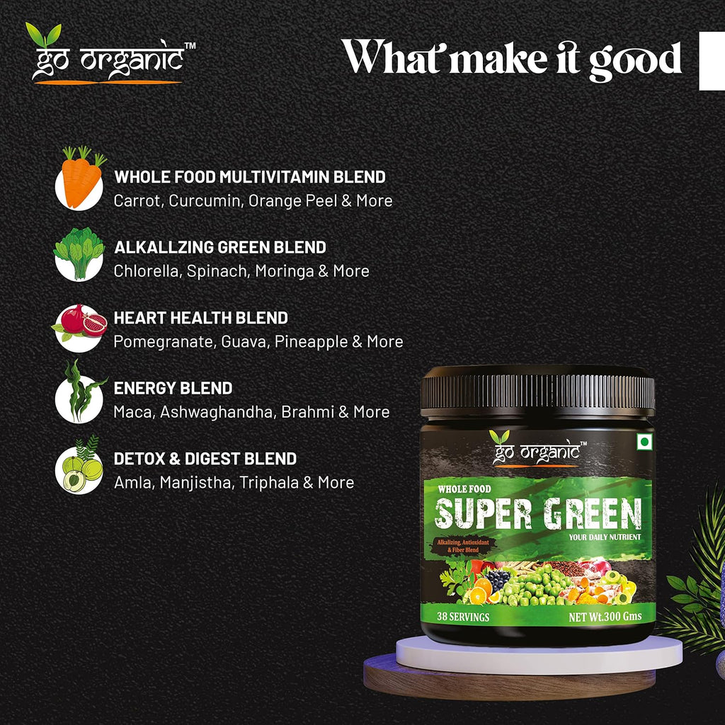 Go Organic Super Greens Powder (300g) | Organic Superfoods with Spirulina & Chlorella | Gluten-Free, Plant-Based Nutrition Drink for Immunity & Energy (Pack of 1)