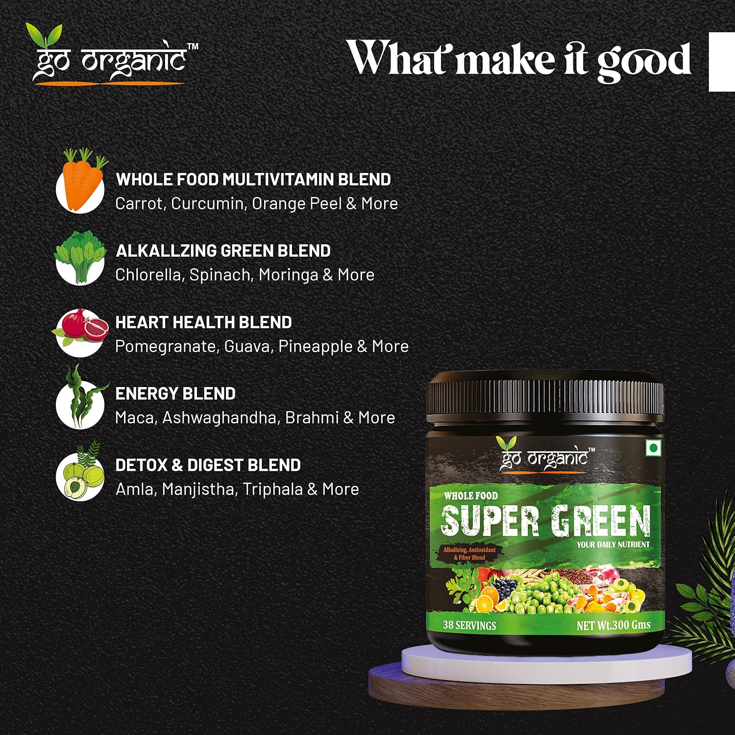 Go Organic Super Greens Powder (300g) | Organic Superfoods with Spirulina & Chlorella | Gluten-Free, Plant-Based Nutrition Drink for Immunity & Energy (Pack of 1)