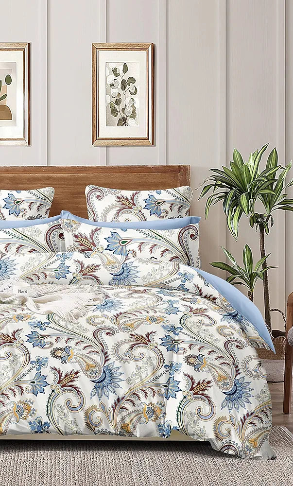 The Home Style 400 TC Supersoft Cotton Feel Glace Cotton Elastic Fitted Printed Queen Size Double Bed Bedsheet wih 2 Pillow Cover Vanilla Mist