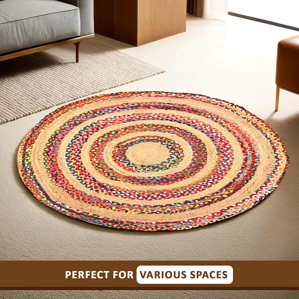 Kuber Industries Satranji Round Jute Rug & Carpet for Home & Bedroom Thick Lines Beige