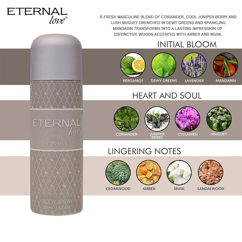 Eternal Love Body Spray for Men | Travel Size | Fresh, Cool & Energizing Scent | Long-Lasting Perfume | Woody Body Spray for Man | Gift for Him | 200ml