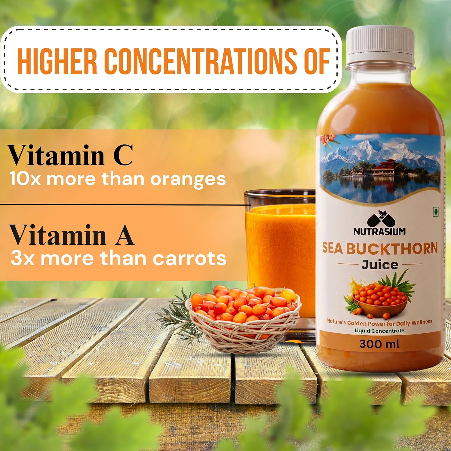 Nutrasium Sea Buckthorn Juice - 300 ml | Pulp Concentrate Made for Your Total Wellness Support |Natural Source of Vitamin C, Omega 3 6 7 9, Antioxidants For Immunity, Skin Glow & Gut Health