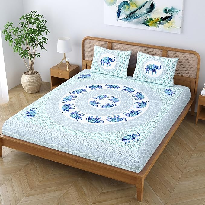 Colorish Jaipuri Traditional Elephant Printed Cotton Blend Bed Sheet With 2 Pillow Covers | Spectral Blue