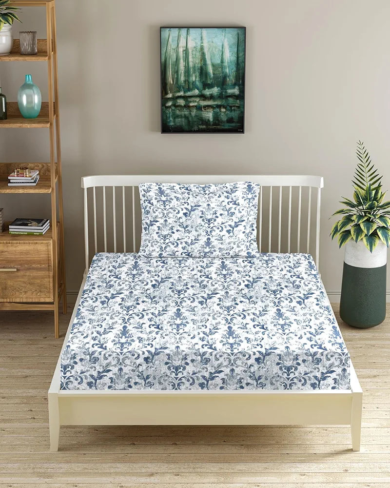Trance Home Linen 180Tc 100% Cotton 78"X36" Single Size Elastic Fitted Bedsheet Printed Bedspread With 1 Pillow Cover Colour Royal Blue