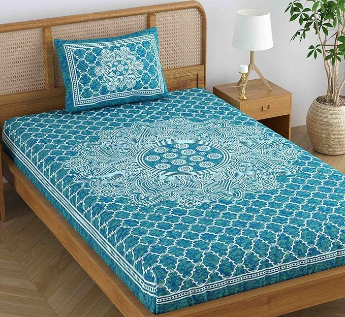 Colorish 120 Tc Cotton Blend Mandala Jaipuri Printed Bedsheet for Single Bed With 1 Pillow Cover | Sea Green