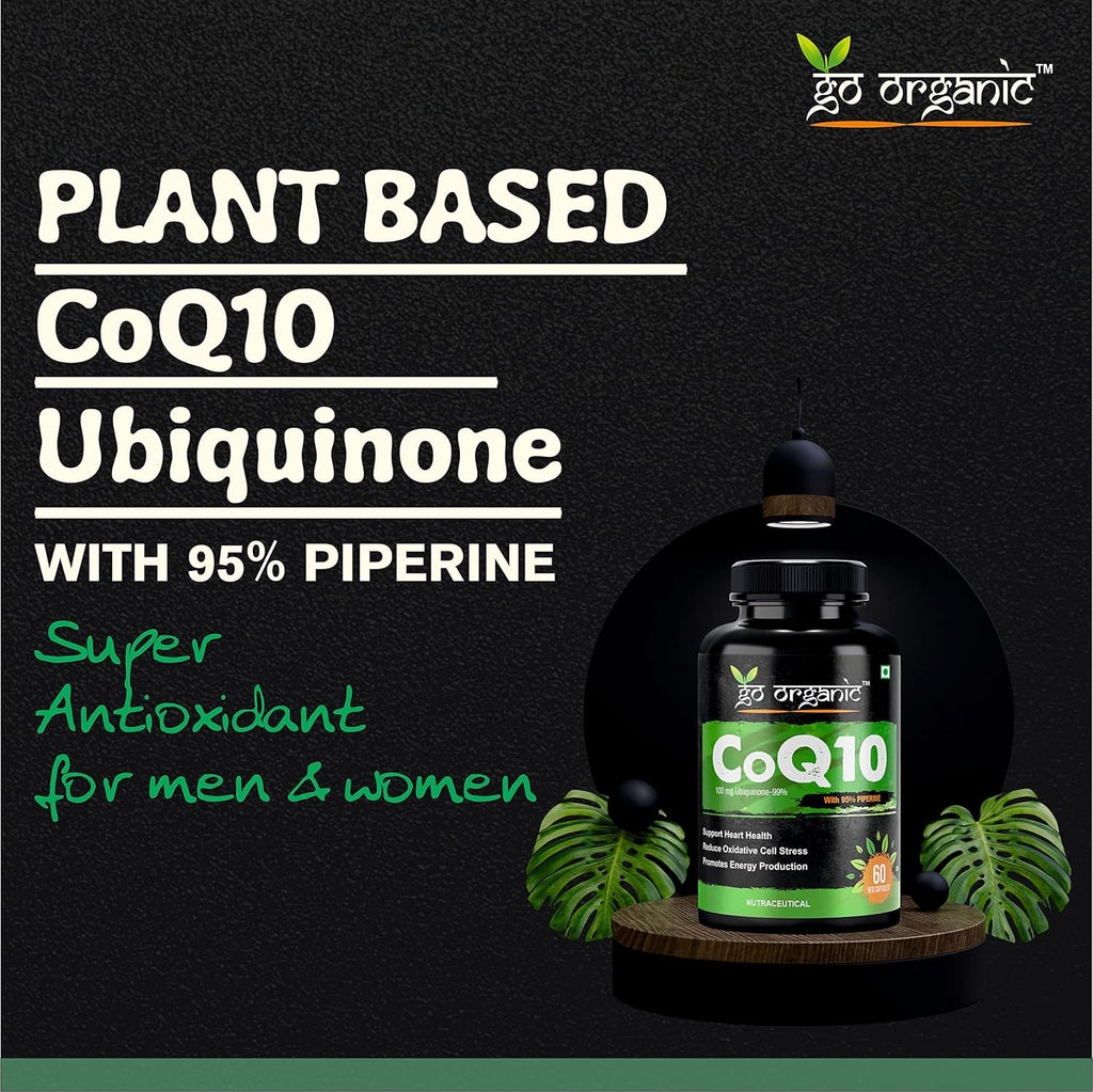 Go Organic Coenzyme Q10 100mg supplement with high absorption to improve BioPerine | 60 Capsule | Supplement for healthy heart and immunity 60 Count