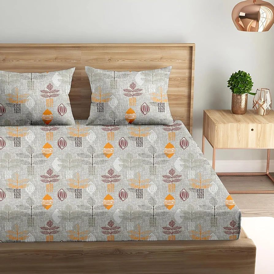 Trance Home Linen Pure 100% Cotton 144TC Printed King Fitted Bedsheet with 2 Pillow Covers Textured Leaves Colour Maroon